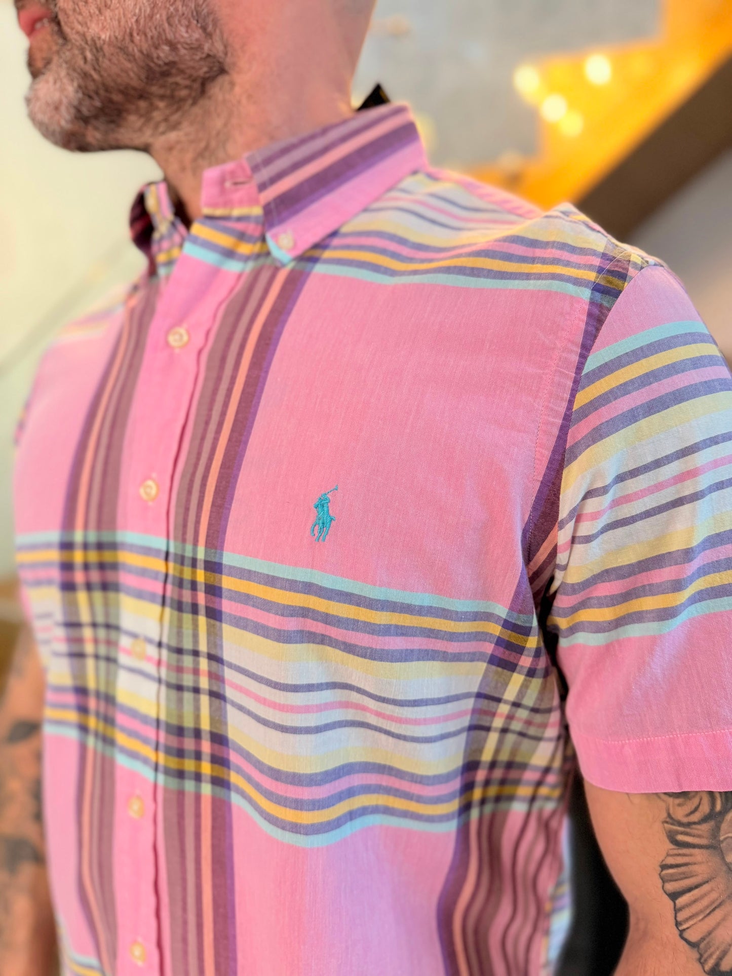 Camisa Polo R.L hombre Lino Manga Corta Rayas Pasteles Caballo Celeste