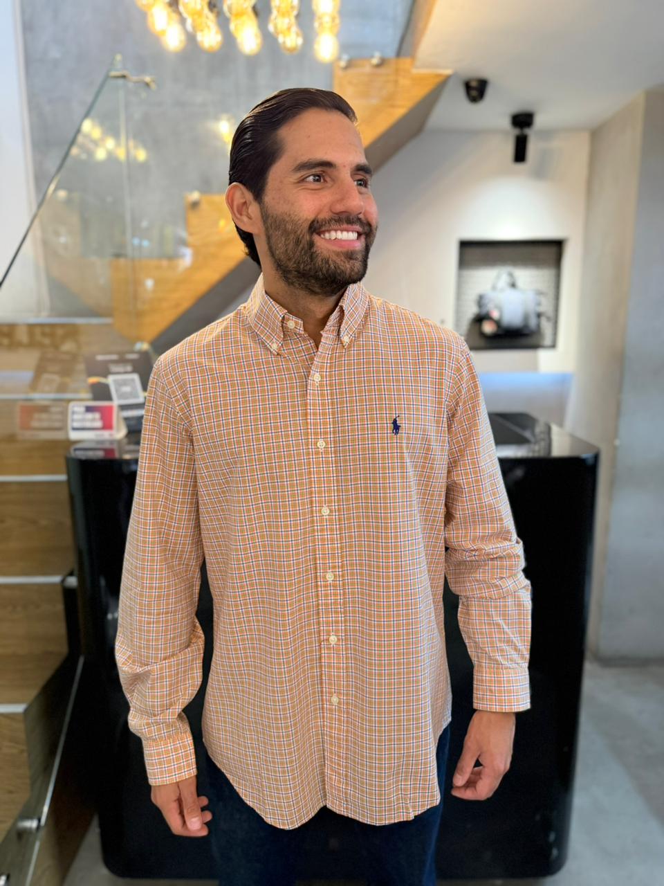 Camisa Polo R.L hombre Algodón Cuadros Naranjas Con Caballo Azul