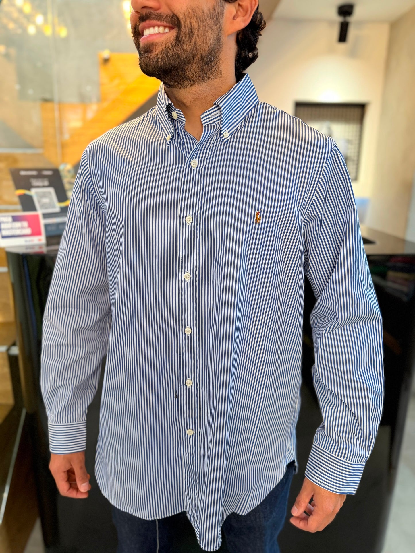 Camisa Polo R.L hombre Algodón Rayas Azules Con Blanco Caballo Multicolor