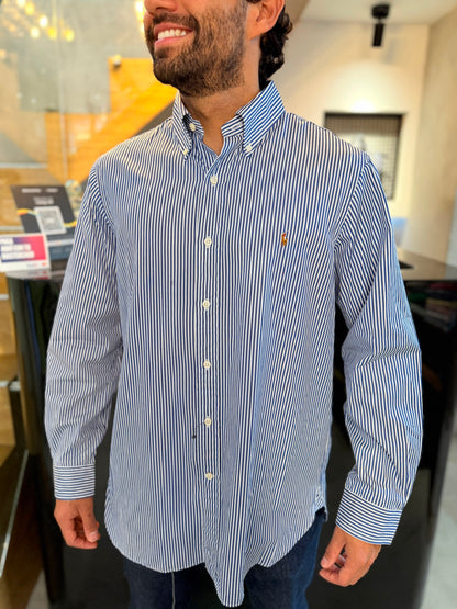 Camisa Polo R.L hombre Algodón Rayas Azules Con Blanco Caballo Multicolor