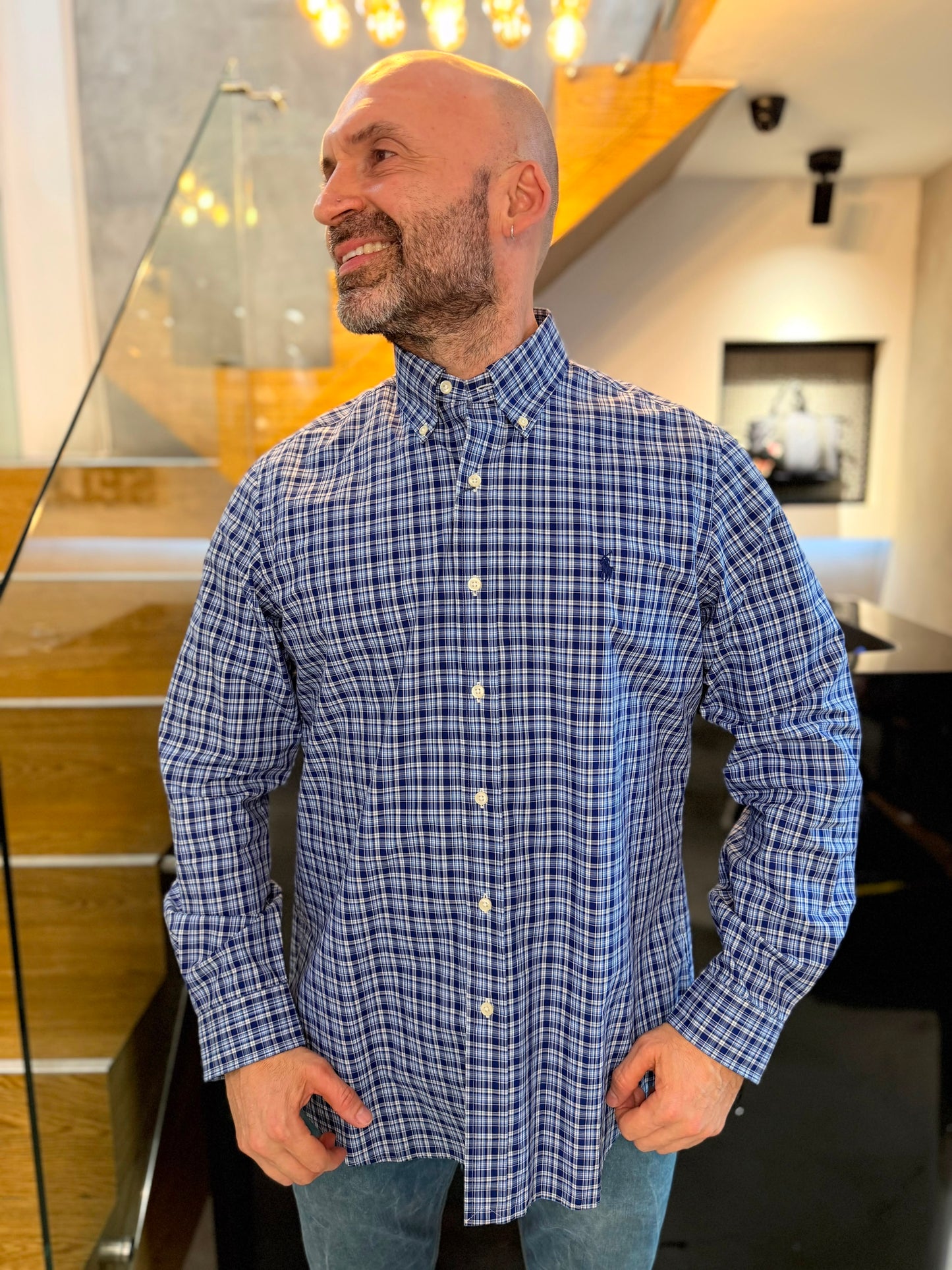 Camisa Polo R.L hombre Algodón Cuadros Azules Caballo Azul