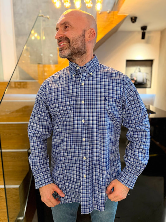Camisa Polo R.L hombre Algodón Cuadros Azules Caballo Azul