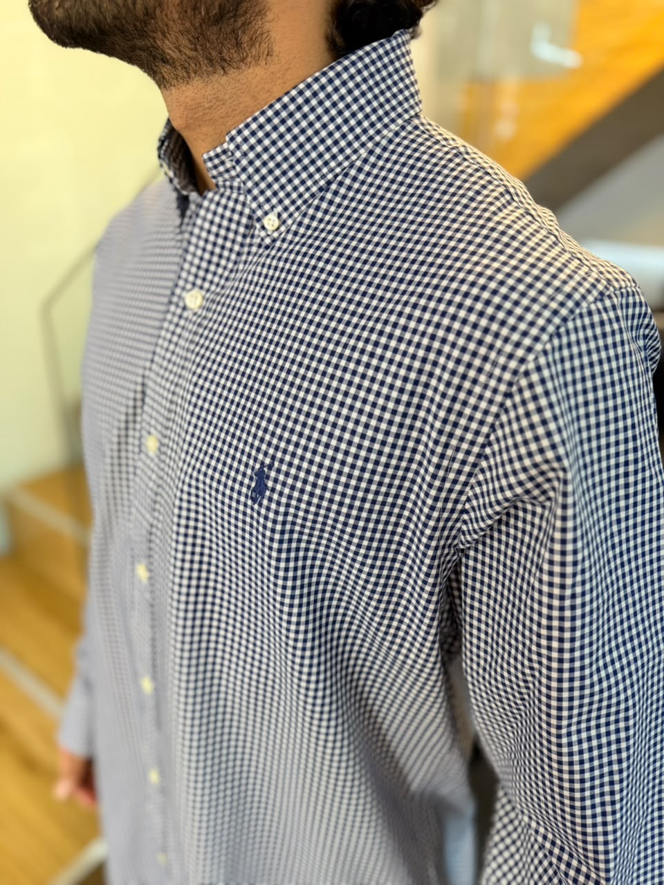 Camisa Polo R.L hombre Algodón Cuadros Azules Con Blanco Caballo Azul