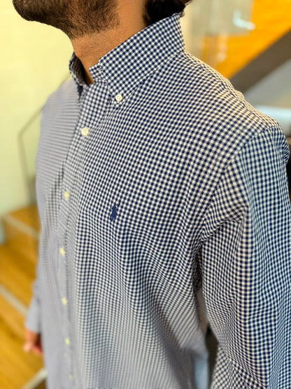 Camisa Polo R.L hombre Algodón Cuadros Azules Con Blanco Caballo Azul