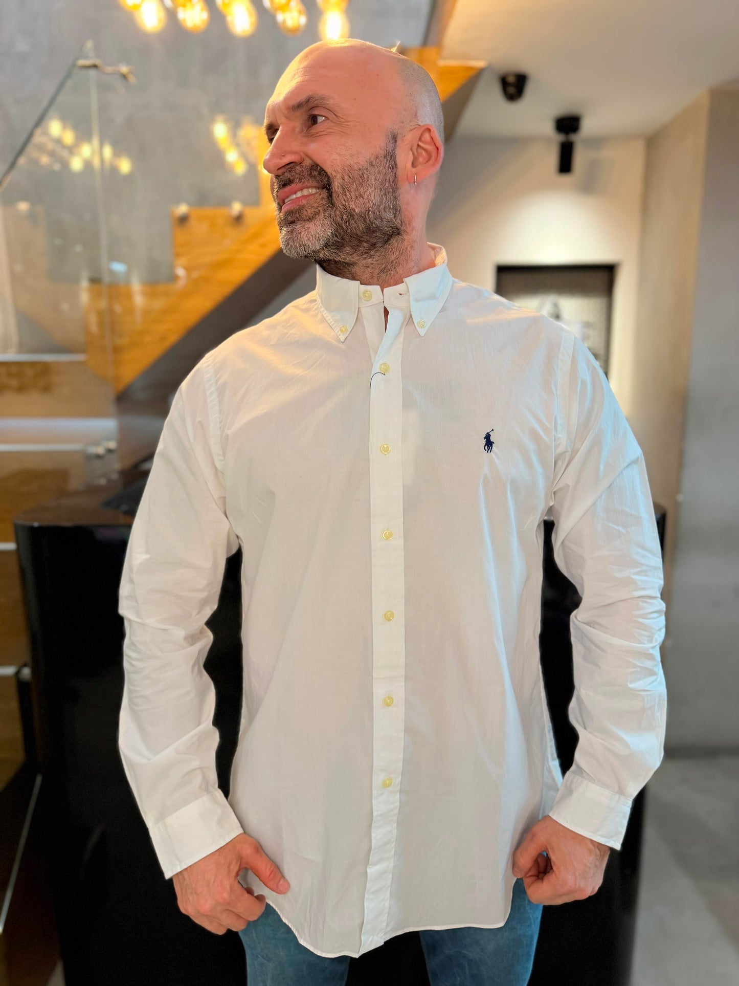 Camisa Polo R.L hombre Algodón Blanca Caballo Azul