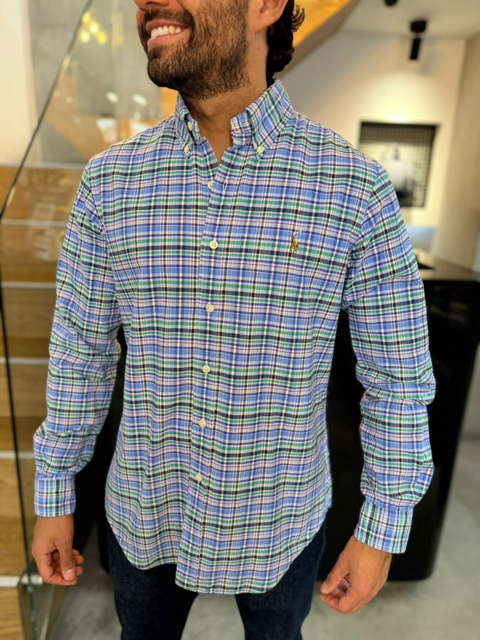 Camisa Polo R.L hombre Oxford Cuadros Celestes Con Lila Caballo Multicolor