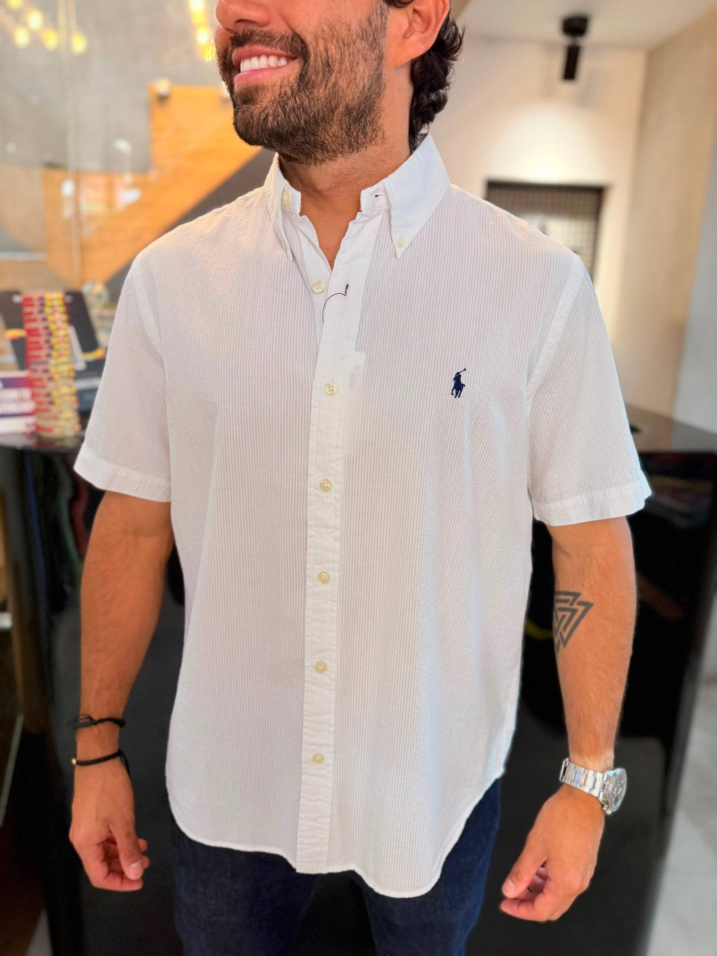 Camisa Polo R.L hombre Manga Corta Galleta Blanca Caballo Azul