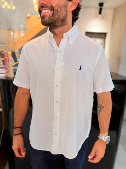 Camisa Polo R.L hombre Manga Corta Galleta Blanca Caballo Azul