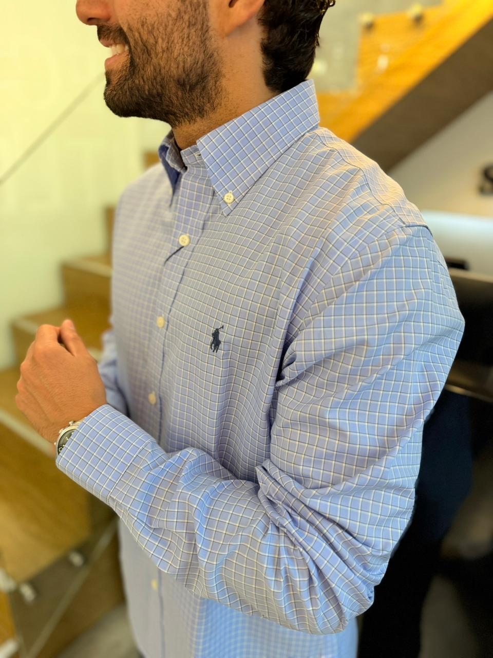 Camisa Polo R.L hombre Algodón Cuadros Celestes Caballo Azul