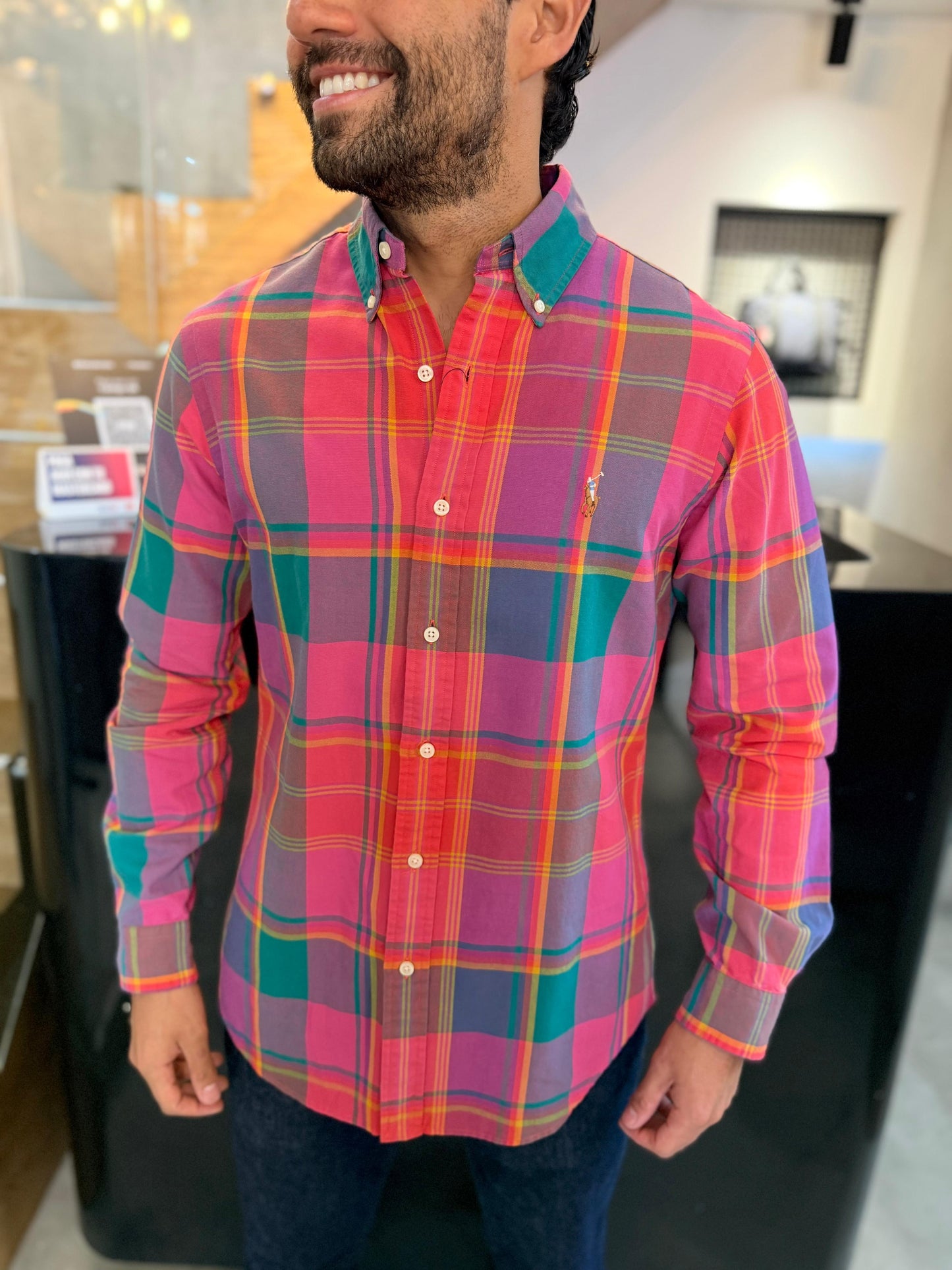 Camisa Polo R.L hombre Oxford Cuadros Rosados con Verde Caballo Multicolor
