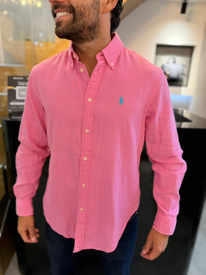 Camisa Polo R.L hombre Algodón Rosado Efecto Cuadros Caballo Celeste