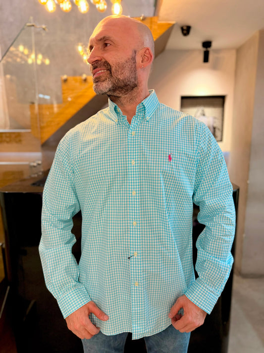 Camisa Polo R.L hombre Algodón Cuadros Celestes Con Blanco Caballo Fucsia