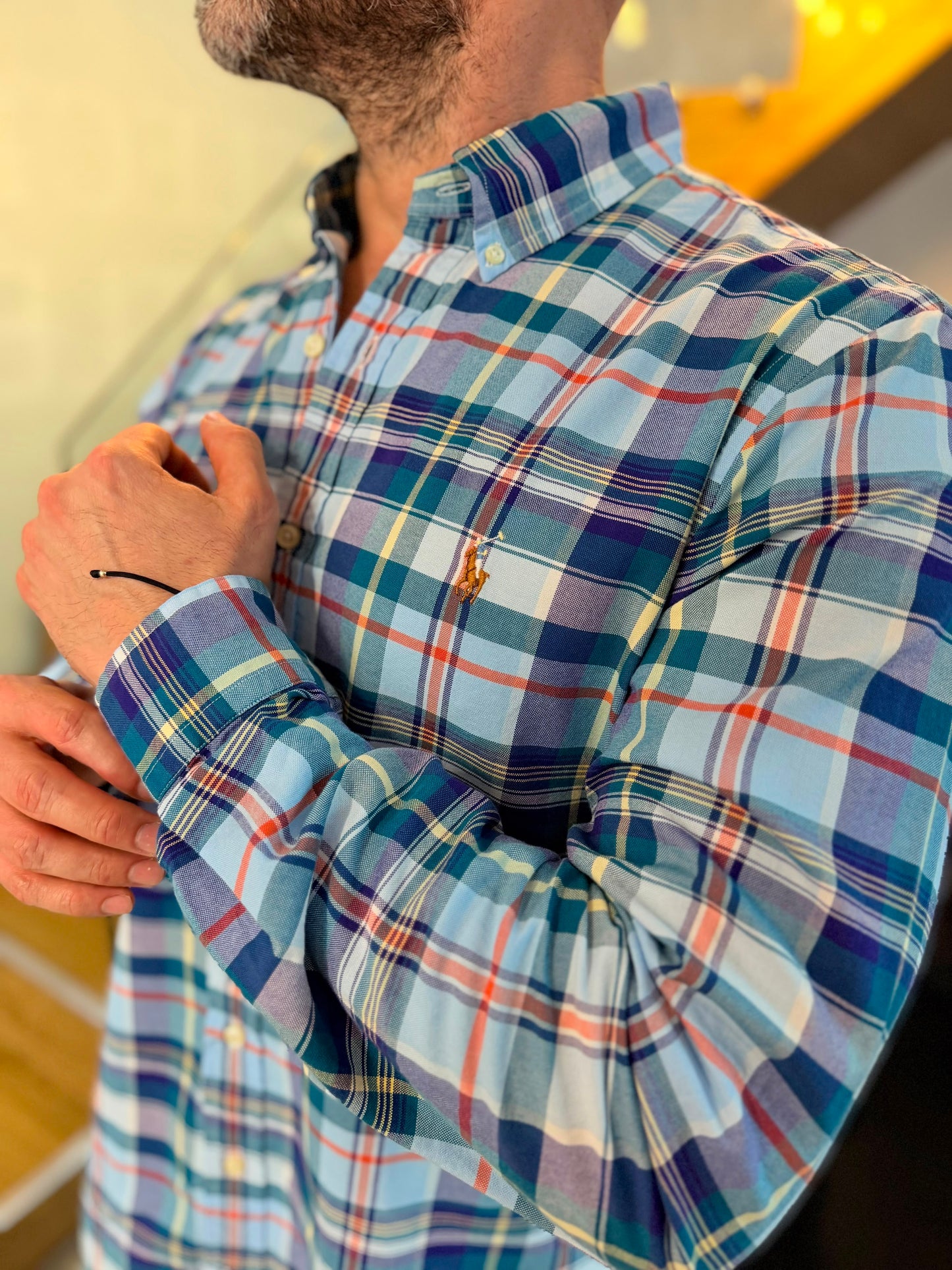 Camisa Polo R.L hombre Oxford Cuadros Verdes Con Morado Caballo Multicolor