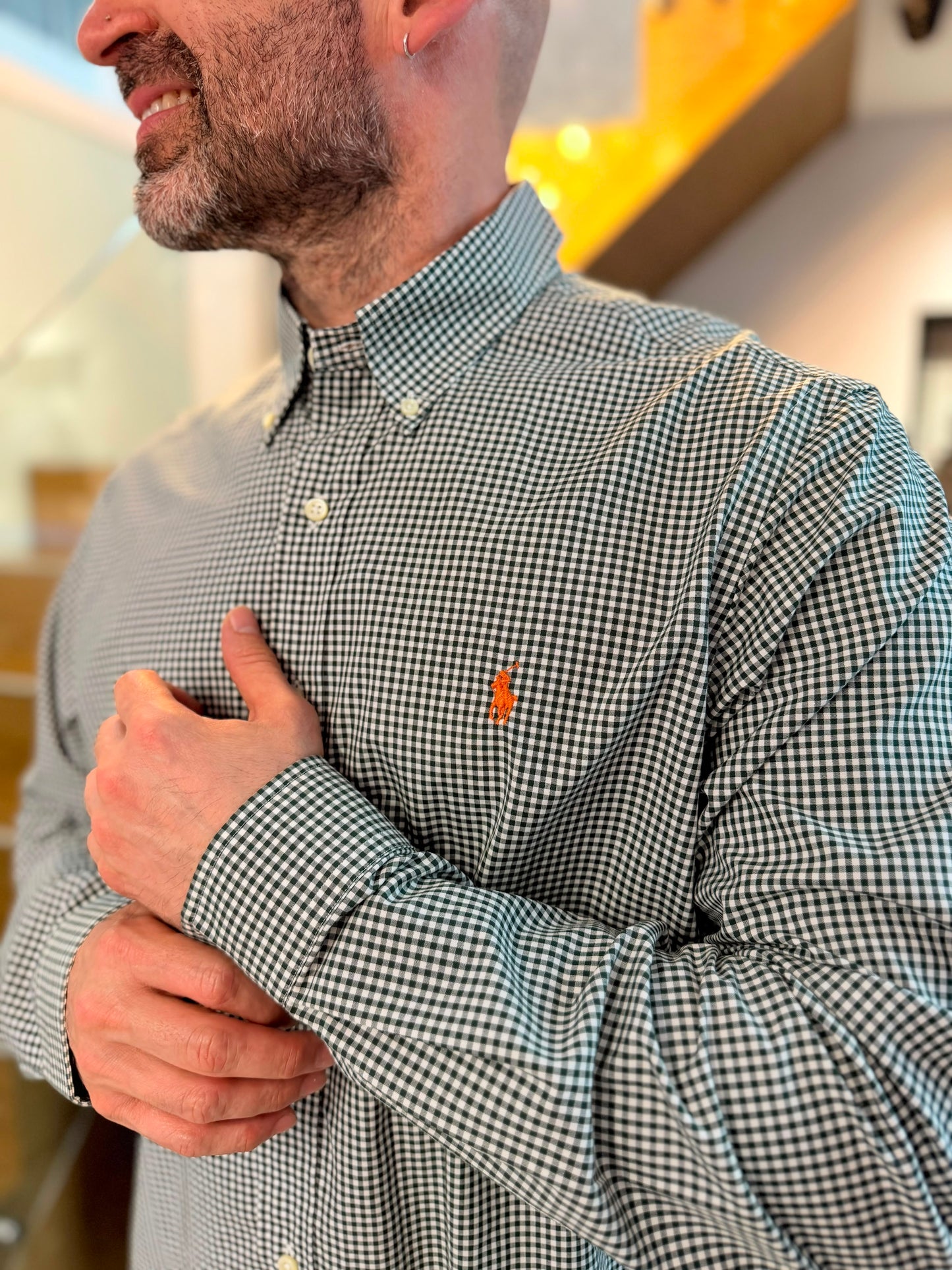Camisa Polo R.L hombre Algodón Cuadros Verdes Con Blanco Caballo Naranja