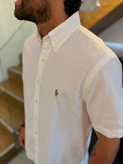 Camisa Polo R.L hombre Manga Corta Oxford Blanca Caballo Multicolor