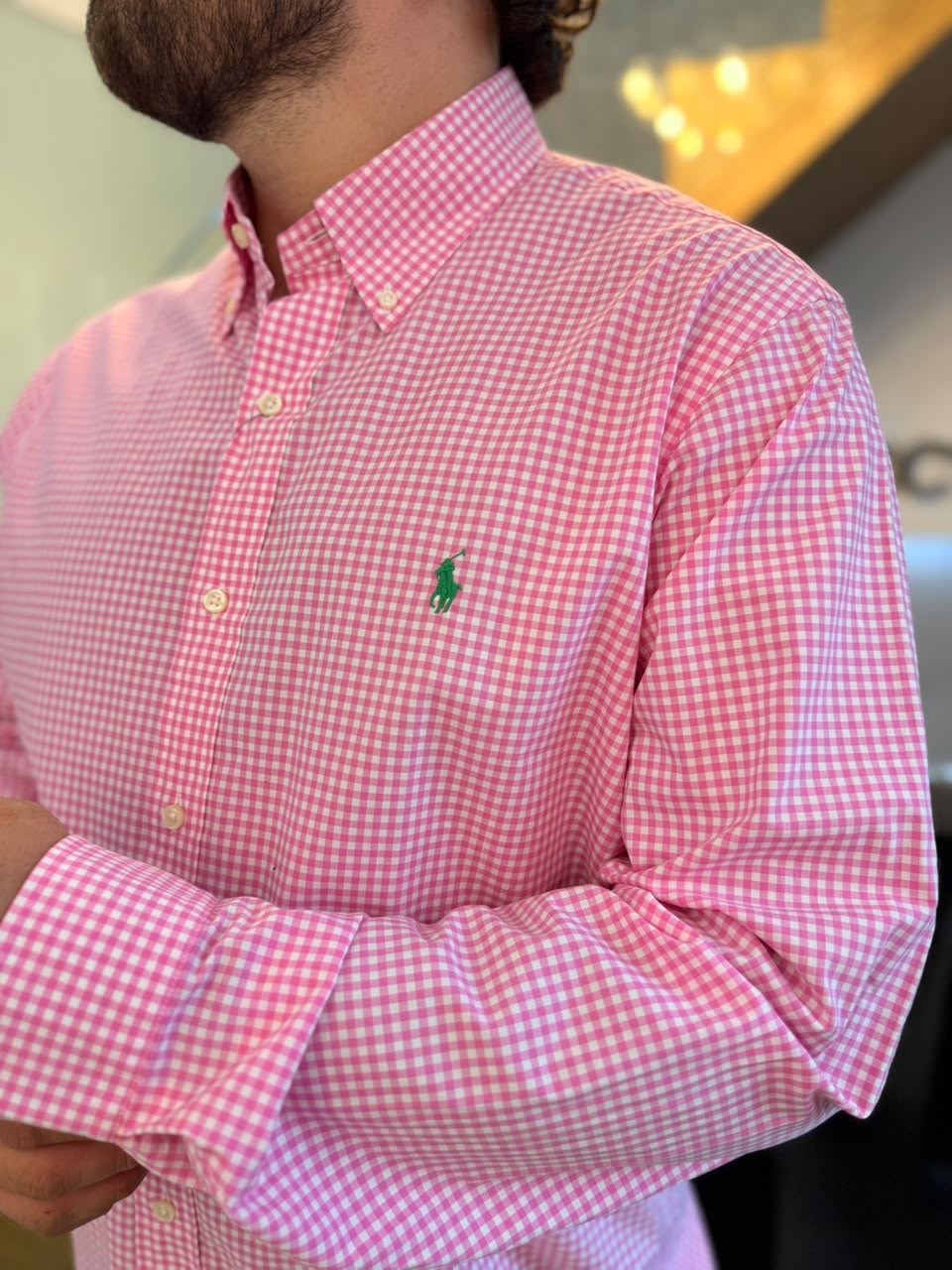 Camisa Polo R.L hombre Algodón Cuadros Rosados Caballo Verde