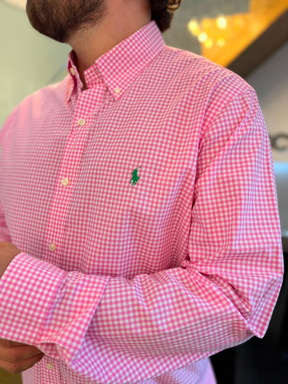 Camisa Polo R.L hombre Algodón Cuadros Rosados Caballo Verde