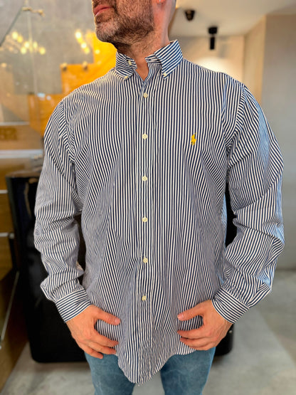 Camisa Polo R.L hombre Algodón Rayas Azules Con Blanco Caballo Amarillo
