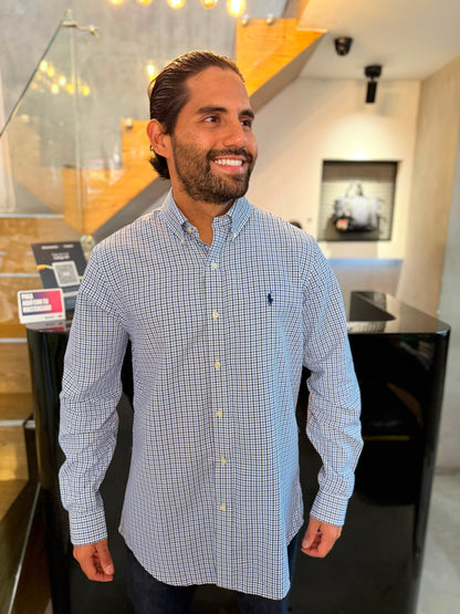 Camisa Polo R.L hombre Algodón Cuadros Azules Con Blanco Caballo Azul