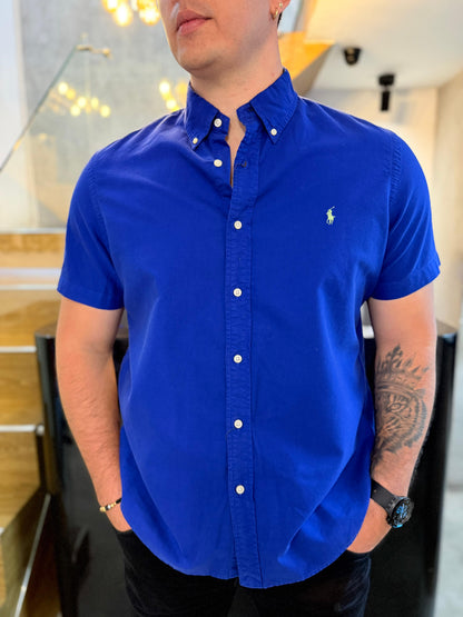 Camisa Polo R.L hombre Oxford Manga Corta Azul Caballo Verde