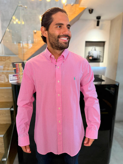 Camisa Polo R.L hombre Algodón Cuadros Rosados Con Blanco Caballo Menta