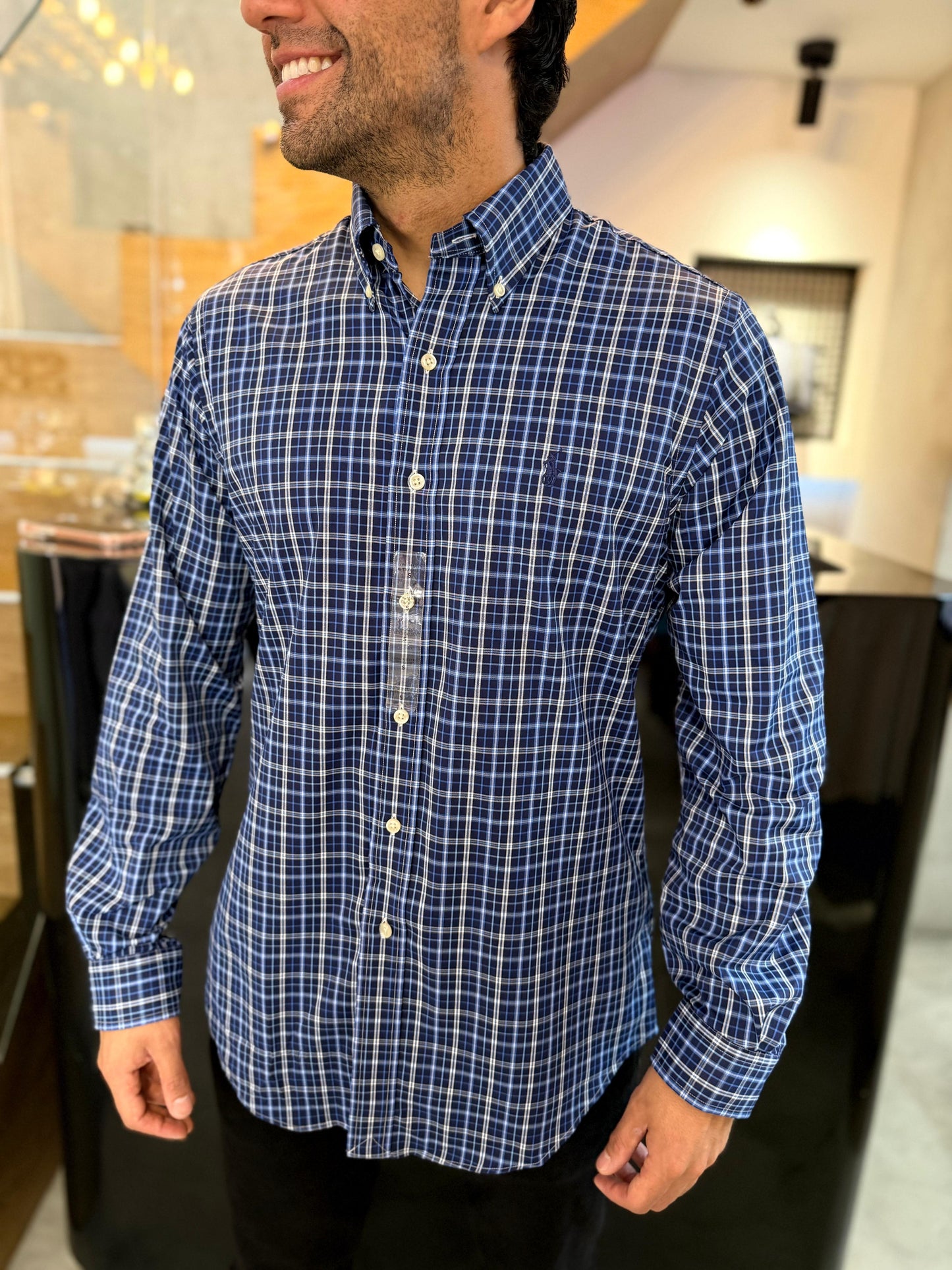 Camisa Polo R.L hombre Performance Cuadros Azules Caballo Azul