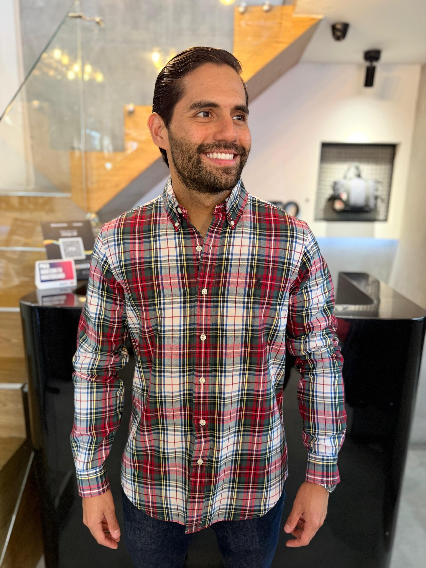 Camisa Polo R.L hombre Oxford  Cuadros Rojos Caballo Negro
