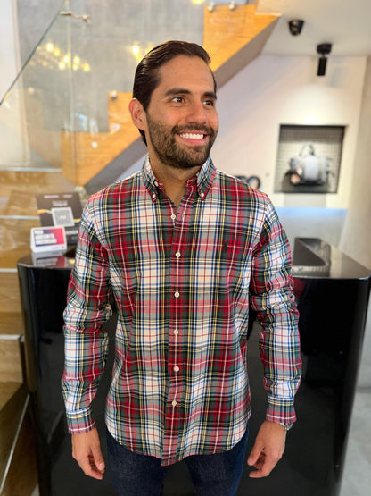 Camisa Polo R.L hombre Oxford  Cuadros Rojos Caballo Negro
