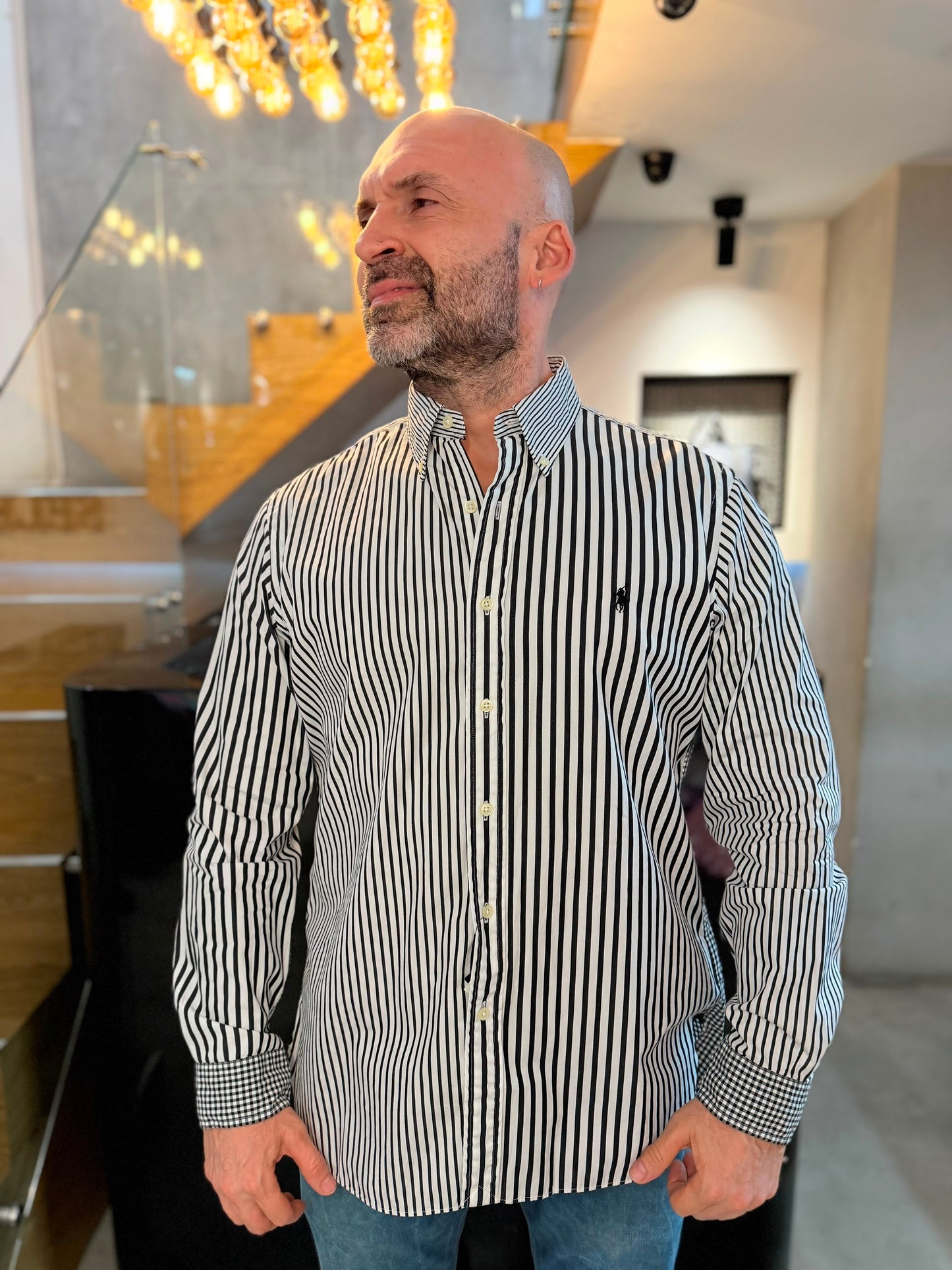 Camisa Polo R.L hombre Algodón Rayas Y Cuadros Negros Con Blanco Caballo Negro