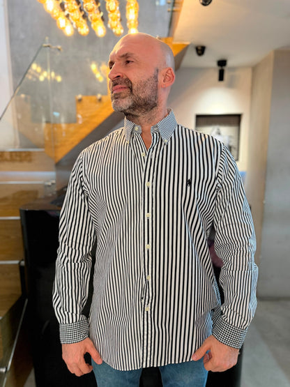 Camisa Polo R.L hombre Algodón Rayas Y Cuadros Negros Con Blanco Caballo Negro