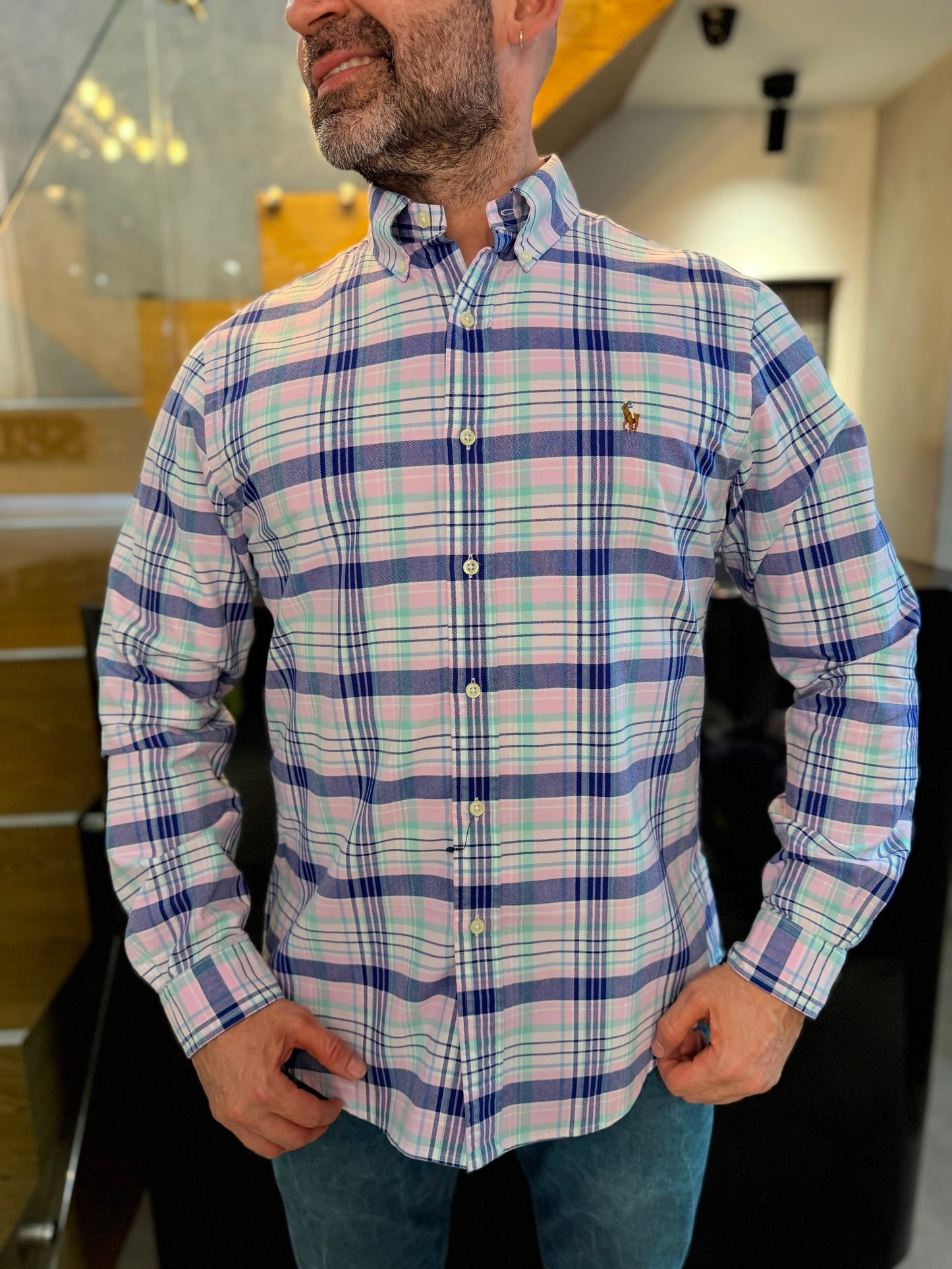 Camisa Polo R.L hombre Oxford Slim Fit Cuadros Rosados con Azul Caballo Multicolor