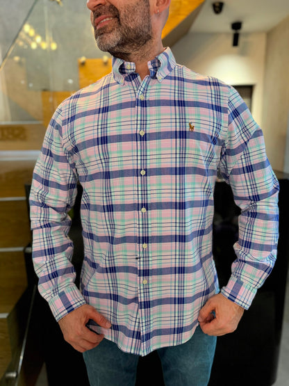 Camisa Polo R.L hombre Oxford Slim Fit Cuadros Rosados con Azul Caballo Multicolor