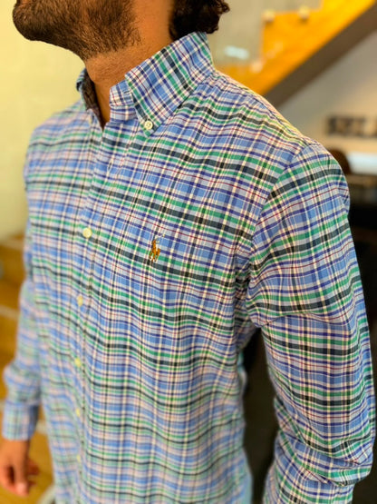 Camisa Polo R.L hombre Oxford Cuadros Celestes Con Lila Caballo Multicolor
