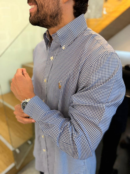Camisa Polo R.L hombre Algodón Cuadros Azules Con Blanco Caballo Multicolor