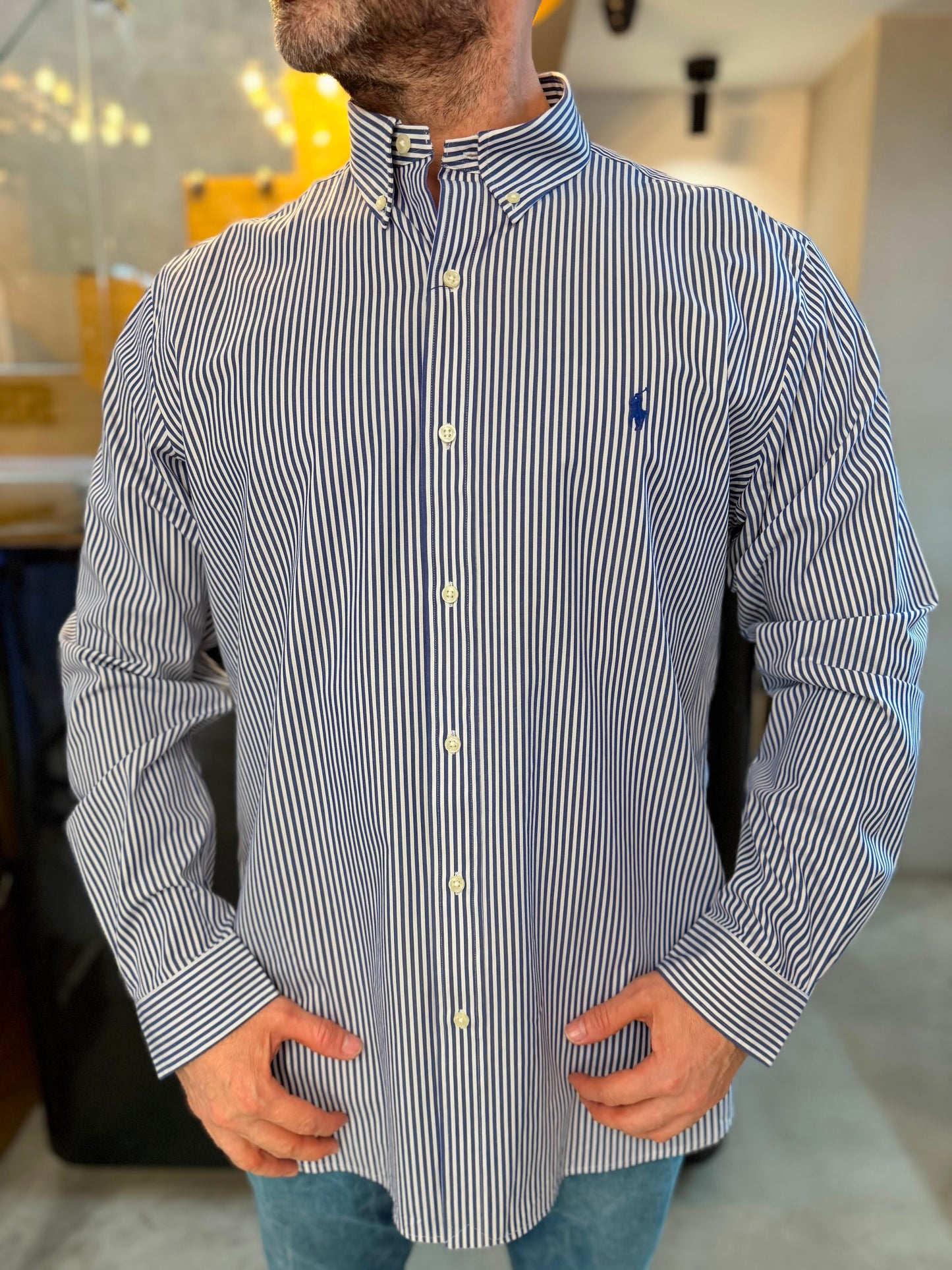 Camisa Polo R.L hombre Algodón Rayas Azules Con Blanco Caballo Azul