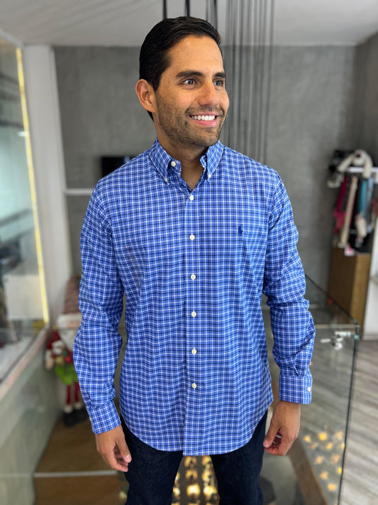 Camisa Polo R.L hombre Algodón Cuadros Azules Caballo Azul