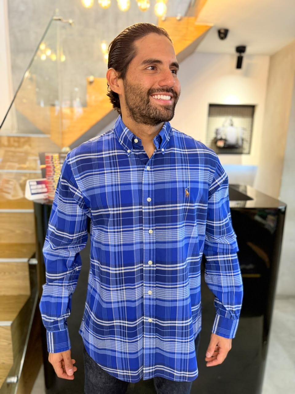 Camisa Polo R.L hombre Oxford Cuadros Azules Caballo Multicolor