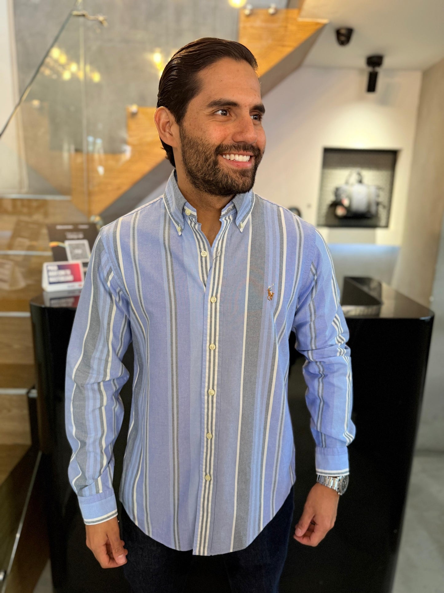 Camisa Polo R.L hombre Oxford Rayas Azules Con Blanco Caballo Multicolor