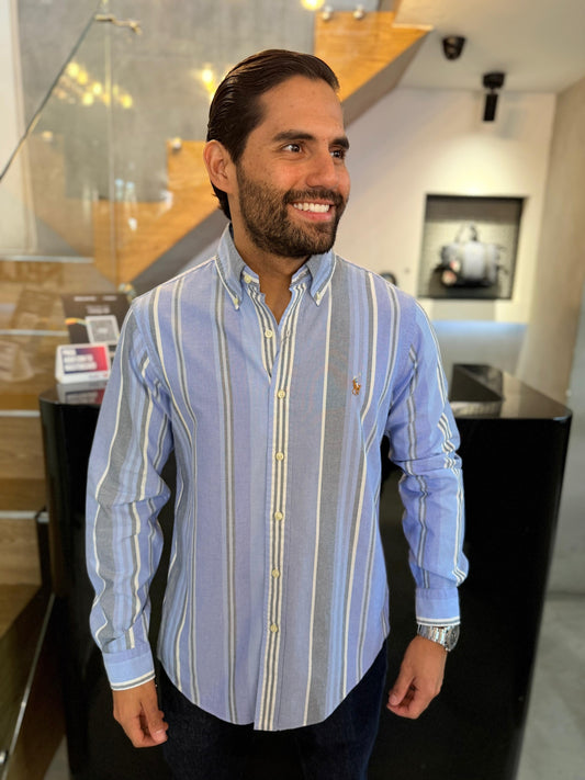 Camisa Polo R.L hombre Oxford Rayas Azules Con Blanco Caballo Multicolor