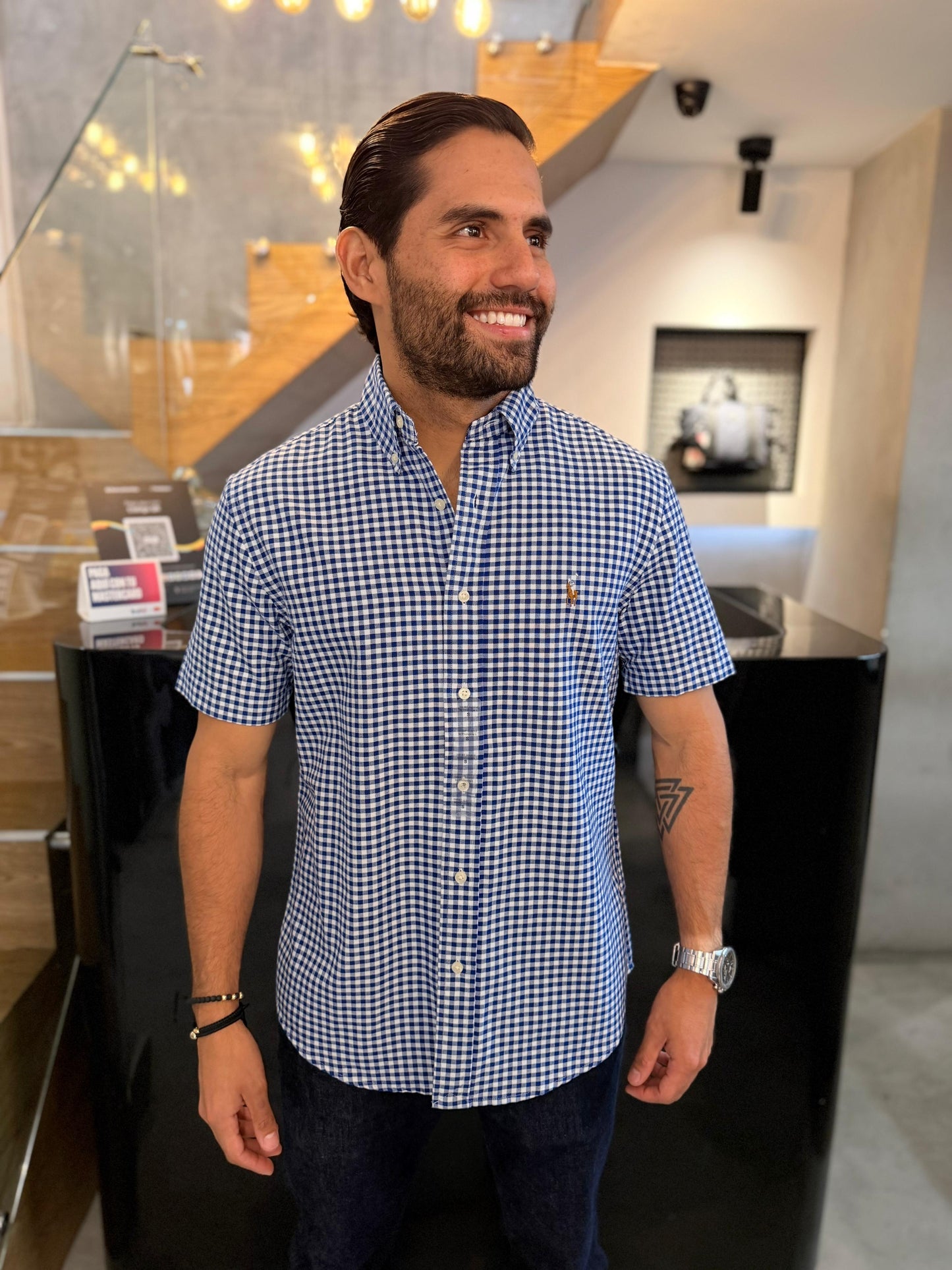 Camisa Polo R.L hombre Oxford Manga Corta Cuadros Azules Con Blanco Caballo Multicolor