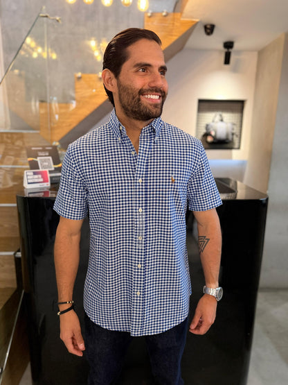 Camisa Polo R.L hombre Oxford Manga Corta Cuadros Azules Con Blanco Caballo Multicolor