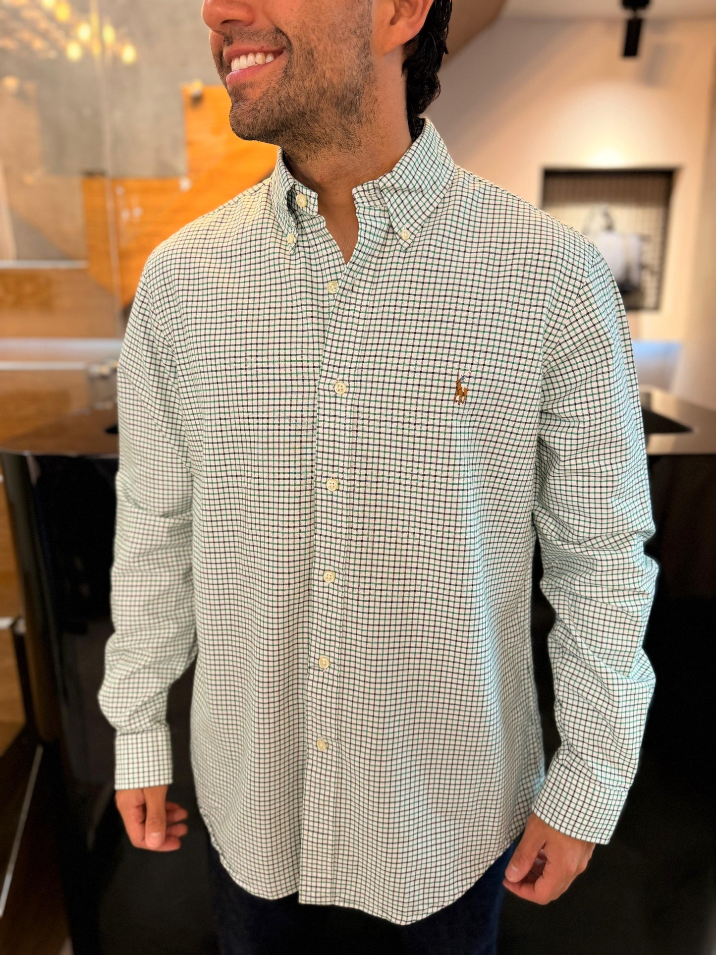Camisa Polo R.L hombre Oxford Cuadros Verdes Caballo Multicolor