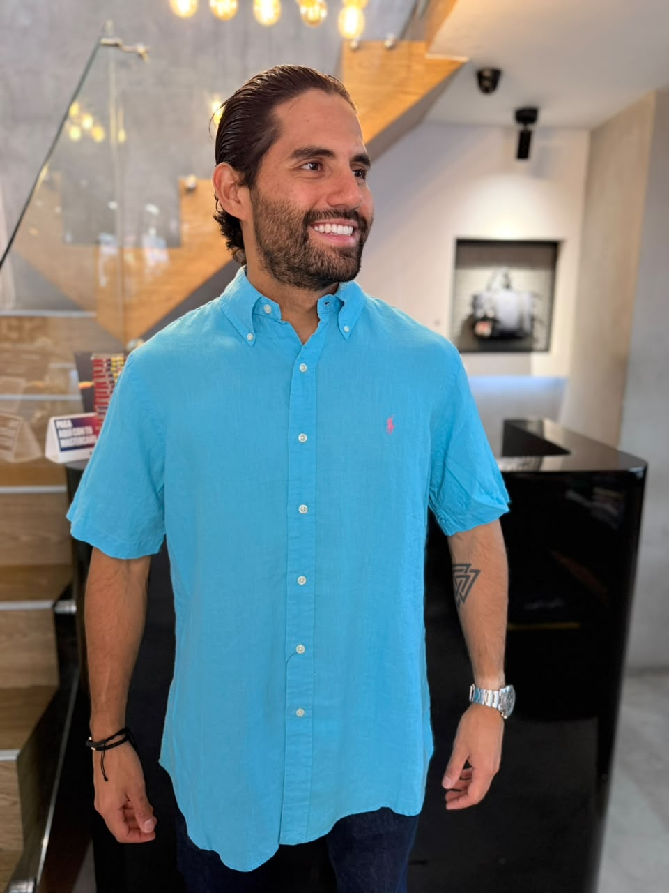 Camisa Polo R.L hombre Lino Manga Corta Custom Fit Azul Agua Marina Caballo Rosa