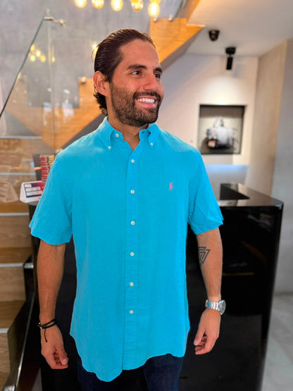 Camisa Polo R.L hombre Lino Manga Corta Custom Fit Azul Agua Marina Caballo Rosa