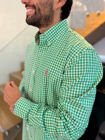 Camisa Polo R.L hombre Algodón Cuadros Verdes Limón Con Blanco Caballo Rosa