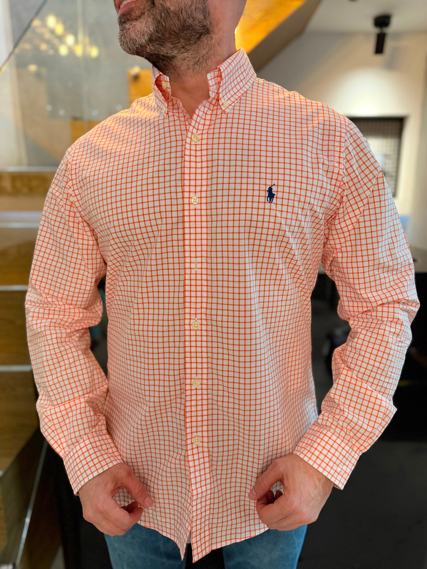 Camisa Polo R.L hombre Algodón Slim Fit Cuadros Blancos Con Naranja Caballo Azul
