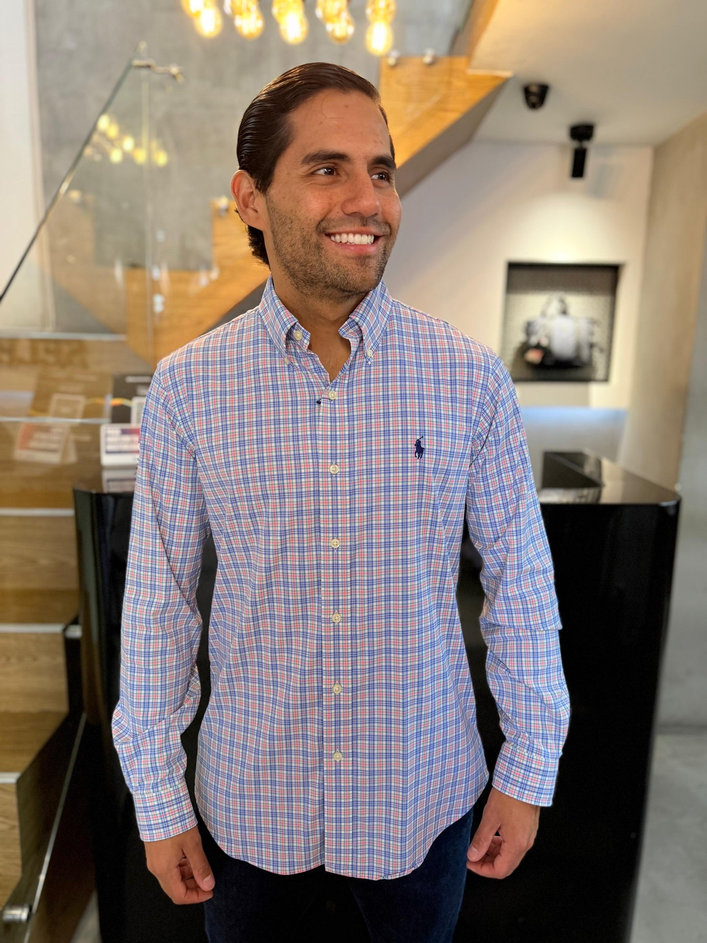 Camisa Polo R.L hombre Performance Cuadros Rosados con Azul Caballo Azul