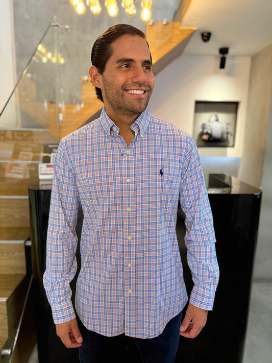 Camisa Polo R.L hombre Performance Cuadros Rosados con Azul Caballo Azul