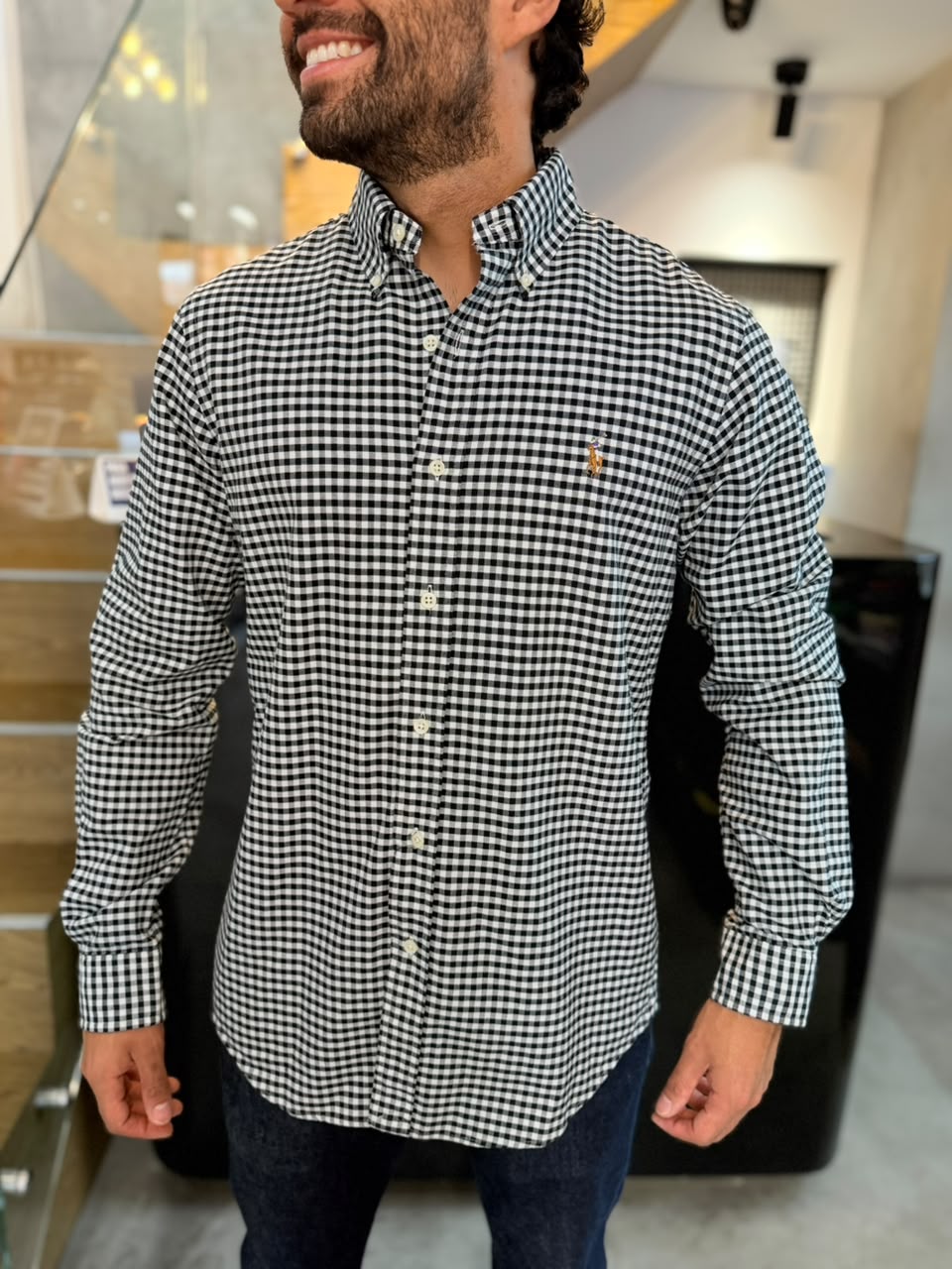 Camisa Polo R.L hombre Oxford Cuadros Negros con Blanco Caballo Multicolor