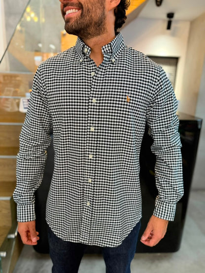 Camisa Polo R.L hombre Oxford Cuadros Negros con Blanco Caballo Multicolor